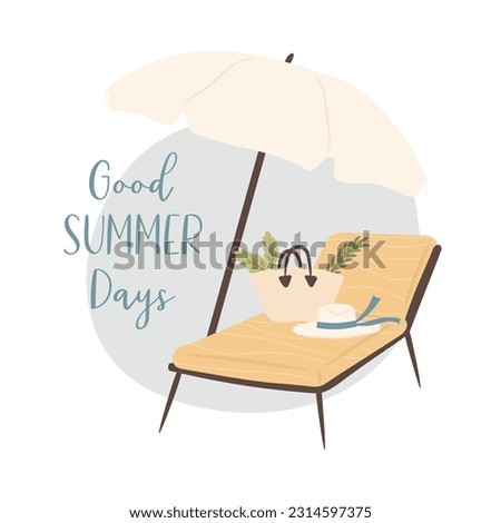 Good summer beach days. Sun beds and umbrella on the beach. Vector illustration