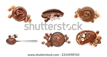 Yummy chocolate paste and hazelnuts on white background, top view. Collage design Royalty-Free Stock Photo #2314598763