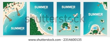 Aerial view of tropical beach and islands. Summer travel. Motor boats, seagulls, bungalows, sun loungers and palm trees on a tropical beach by the sea. Set of vector illustration in flat style. Royalty-Free Stock Photo #2314600135