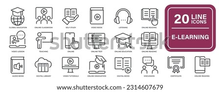 E-learning, education, online school, webinar thin line icons. For website marketing design, logo, app, template, ui, etc. Vector illustration. Royalty-Free Stock Photo #2314607679