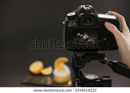 Food stylist taking photo of delicious dessert in studio, closeup. Space for text