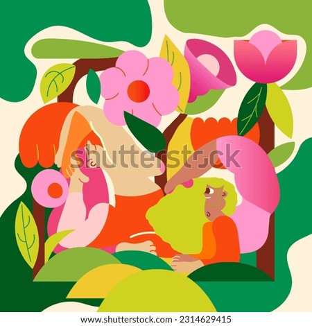 Illustration for International Yoga Day. Women who take care of their mental and physical health, do yoga, meditate, spend time on themselves.
Flowers and bright colors characterize their inner state.