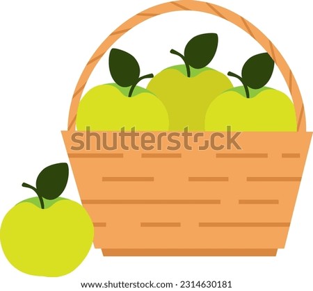 Vector illustration of straw basket with green apples in cartoon style