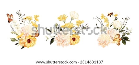 Summer floral bouquet watercolor vector elements design. Botanical watercolor vector collection of flower, leaves, and branches.