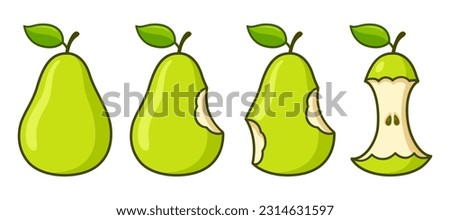 Cartoon pear eating set. Whole, bite missing and leftover core. Isolated vector clip art illustration.
