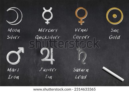 Blackboard with the glyphs of the seven planets and their metals equivalent used in alchemy. Royalty-Free Stock Photo #2314633365
