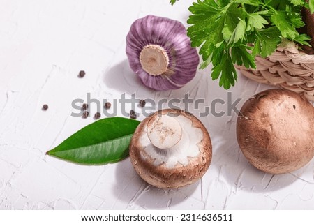Raw brown royal champignons in the basket. Cooking vegan food concept. Garlic, greens, spices, hard light, dark shadow. Edible mushrooms, a modern trend, white background, copy space
