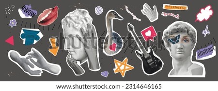 Set of modern stickers. Retro style. Poster with hands. David and collage Psychedelic background. Multicolored geometric elements. . set of doodle collage elements. Pictures for social networks