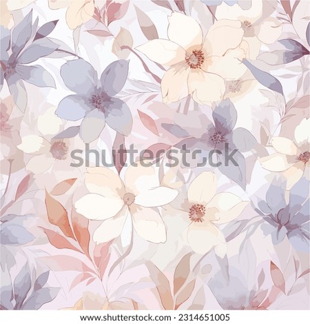 Seamless vector pattern with many abstract spring flowers. For wallpaper or fabric decoration in vintage style. Flower painting for summer. Botanical background. Vector illustration. Royalty-Free Stock Photo #2314651005