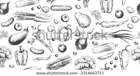 Seamless pattern with vegetables. Black and white background with paprika, broccoli, eggplant, onions, mushroom, asparagus, zucchini, carrot, cucumber, potato, garlic, peas, basil, tomatoes, chilli. Royalty-Free Stock Photo #2314663711