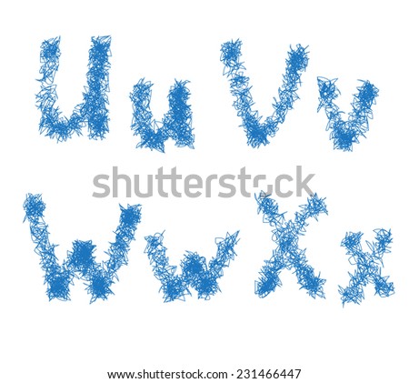 Hairy sketch alphabet. letters u v w x