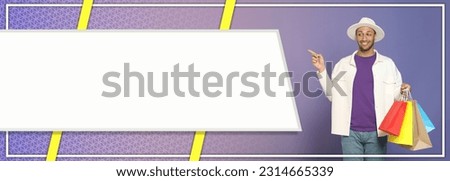 Sale banner or flyer design. Happy man with shopping bags on color gradient background, space for text
