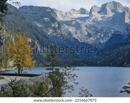 Gosauseen Lake hike in Austria, Europe, surrounded by snowy mountains and autumn trees