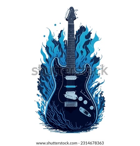 blue color electric guitar vector image illustration with background of blue flames