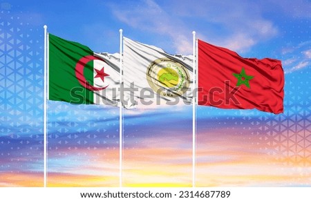 flags of morocco, algeria and Arab Maghreb Union
on flagpoles and blue sky