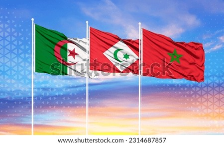 flags of morocco, algeria and rif on flagpoles and blue sky
 Royalty-Free Stock Photo #2314687857