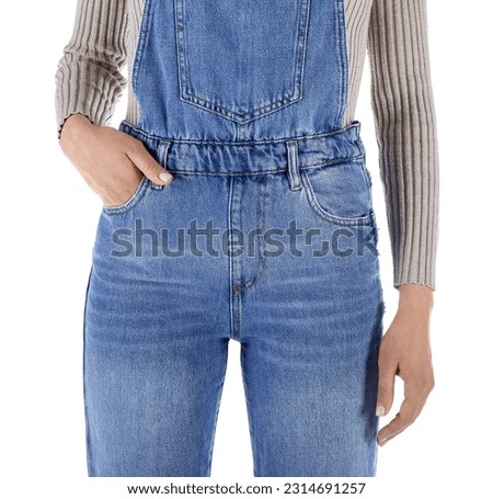 Young woman in denim jumpsuit on white background, closeup Royalty-Free Stock Photo #2314691257