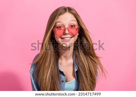 Photo portrait of pretty young teen girl summertime vacation toothy smile dressed stylish denim outfit isolated on pink color background