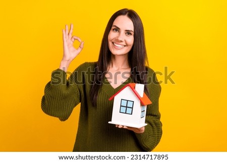 Photo of charming cheerful person hold little house demonstrate okey symbol isolated on yellow color background