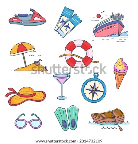 Summer holiday icon set. Touristic vector illustration. Vacation thematic items.