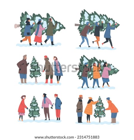 People Character with Fir Tree Preparing for New Year Holiday Carrying It Vector Set