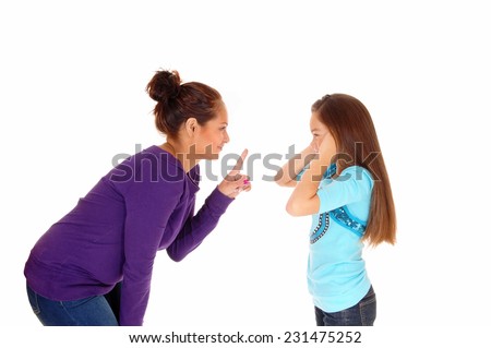A mother is disciplining her young daughter and the girl holding her ears closed, isolated for white background. 