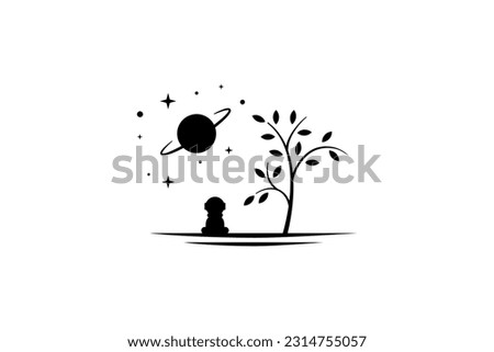 Vector illustration of a logo design of a boy wearing an astronaut suit looking into space while sitting under a tree