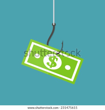 Data Phishing, banknote on fishing hook, internet security. Flat design vector illustration