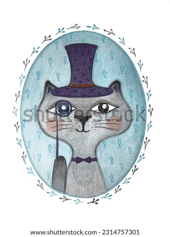 Watercolour illustration portrait of mister Cat in cylinder hat inside green-blue frame.