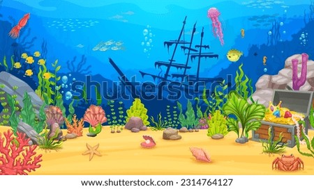 Cartoon underwater game landscape. Sea level with seaweeds, silhouette of ship, treasure chest, animals and fish. Ocean deep wildlife background, sea animals, algae, sunken caravel vector background