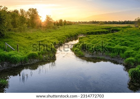 Sunset on pasture farm land along Medway Creek London Canada, Southwestern Ontario Royalty-Free Stock Photo #2314772703