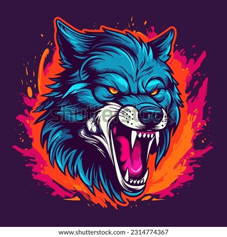 Mad aggressive wolf head colorful brush style vector illustration for t-shirt or poster printing.