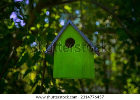 Green and blue birdhouse in the forest