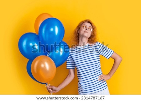 woman smile with birthday balloon in sunglasses. happy birthday woman hold party balloons