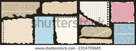 A set of torn paper, notebook sheets, old newspaper. Trendy elements for collage.  Vector contemporary illustration.