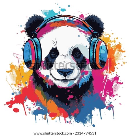 Cartoon portrait of a panda bear with headphones. Watercolor drawing with stains and streaks paint on white background.