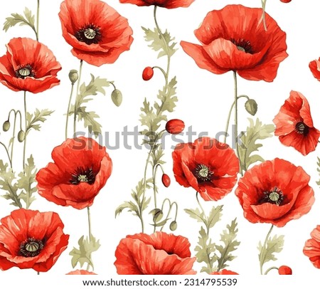 Red poppy flower watercolor illustration vector seamless patterns. Red petals black stamens poppy flowers isolated on white. Meadow wild blossom set, field blooming plants. Green buds and leaves Royalty-Free Stock Photo #2314795539