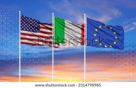 flags of European Union, United States and italy on flagpoles and blue sky