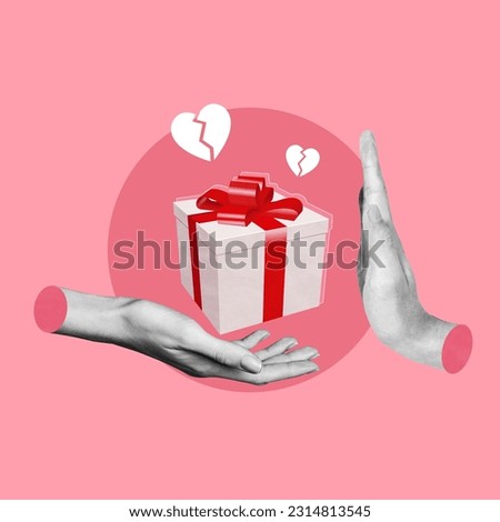 Hand Refusing Bribe Gift Conceptual, couple gift rejection, denying a gift, rejection, not wanting a gift, heartbreak, conceptual art, collage art, photo collage
 Royalty-Free Stock Photo #2314813545