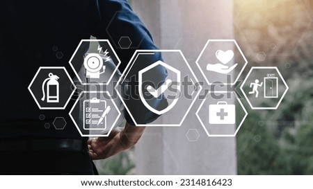 Work Safety Concept.Safety icon.First secure rules. regulations and standard in industry, business. Health protection, personal security people on job.  Royalty-Free Stock Photo #2314816423