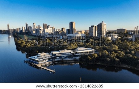 Arial shots of the beautiful Perth City, early morning, showcasing the Swan River Royalty-Free Stock Photo #2314822685