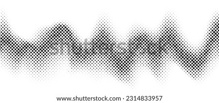 Halftone wave gradient texture. Faded noise grain wallpaper. Black and white grunge grit surface. Pixelated dotted sand background. Vector messy overlay backdrop Royalty-Free Stock Photo #2314833957