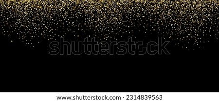 Golden falling confetti on dark background. Repeating gold glitter pattern. Yellow and golden dots wallpaper. Celebration party decoration. Vector backdrop 