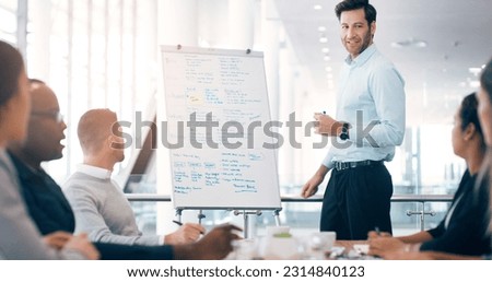 Business man, speaker and board for presentation, conference or workshop for question, writing and talk. Leader, coaching or mentor by whiteboard, training or advice for team building in meeting room Royalty-Free Stock Photo #2314840123