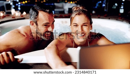 Tablet, selfie and couple in hot tub at spa for holiday, romantic vacation and weekend getaway. Water, marriage and man and woman take picture for social media on honeymoon, anniversary and relax