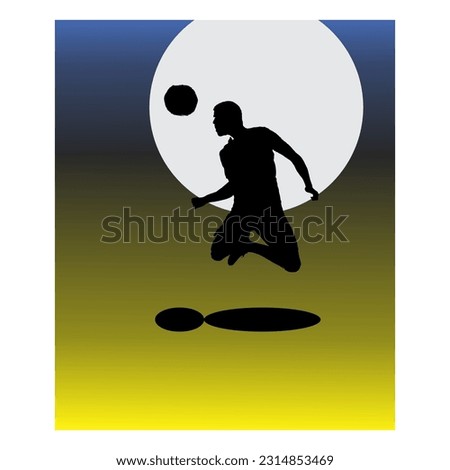 vector silhouette of person heading ball in moonlight, design illustration.