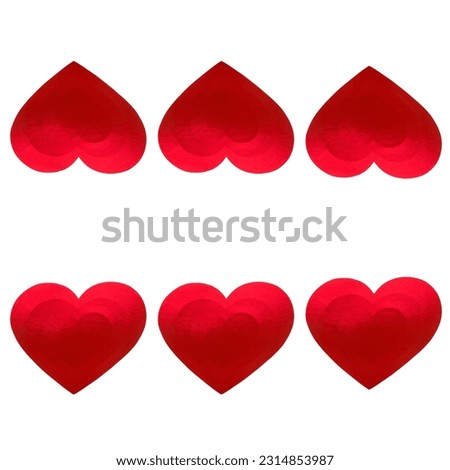 Red hearts made of shiny colored paper isolated on white background. Collage. Free space for text.