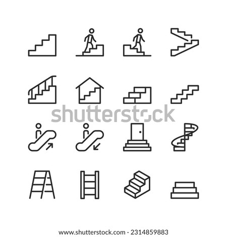 Steps, linear style icons set. Human climbing steps. Ladder. A structure consisting of several steps and a railing. Editable stroke width Royalty-Free Stock Photo #2314859883