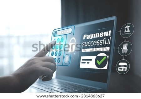 Online financial transactions and payment successful. Closeup of hand using a laptop for online banking login to pay online 