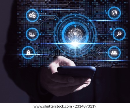 Businessman touching the brain of artificial intelligence (AI) in futuristic business and software development on smartphone, coding on interface and synchronizing network connection, IoT, innovation